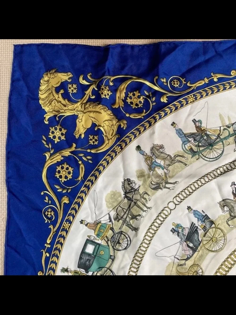 Hermes Royal Blue, White & Gold Carriage Silk Scarf